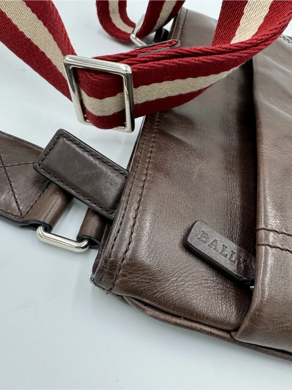 Bally Brown Smooth Leather Messenger with Red & Cream Striped Adjustable Strap